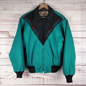 Vintage Western Frontier Jacket Mens M Black Teal Aztec southwestern 80s USA